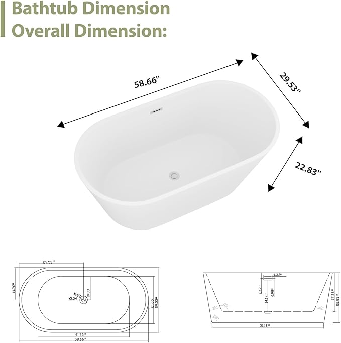 Mocoloo 59 Inch Freestanding Bathtub - Acrylic Soaking White Tub for Bathroom Stand Alone Ergonomic Modern Bathtub with Overflow and Stianless Offset Drain