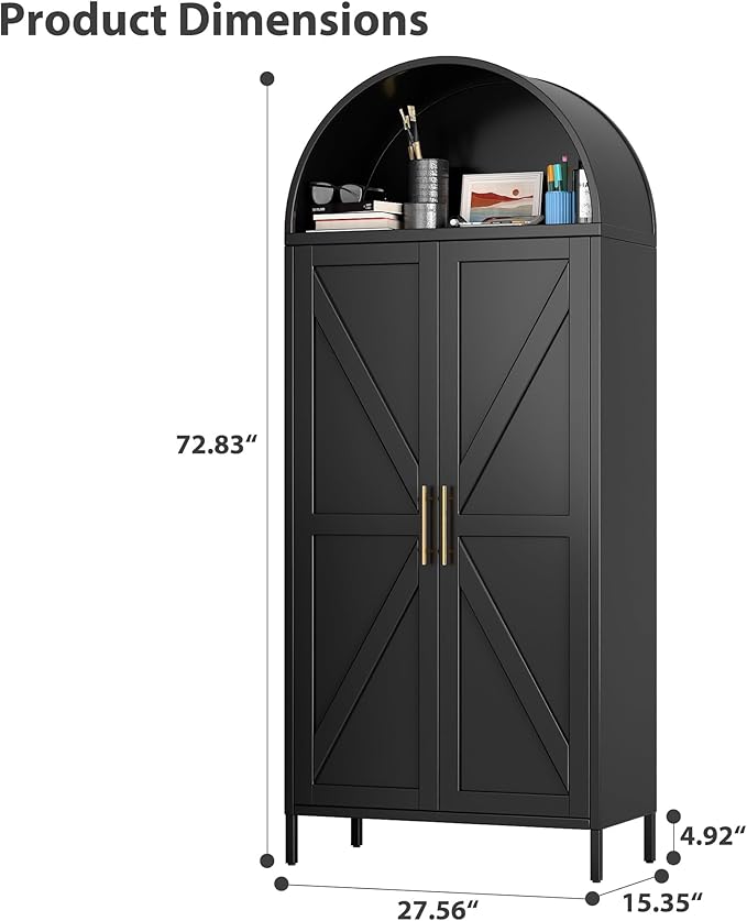 73'' Tall Metal Arched Cabinet, Modern Black Arch Bookshelf Display Cabinet with Doors/Shelves/Internal Drawers for Home Office Kitchen Bar Living Room