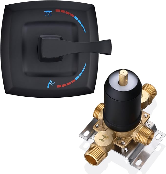 2 Way Shower Diverter Pressure Balance Mixing Valve with Single Handle Matte Black Shower Trim Kit, Dual-Function Shower Control Brass Rough-In Mixer 1/2" NPT Connection