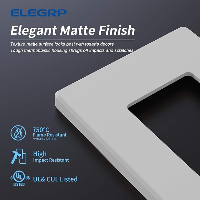 ELEGRP Matte White 1-Gang Screwless Decorative Wall Plates, Standard Size Unbreakable Thermoplastic Faceplate Cover for Decorator Receptacle Outlet Switch, UL Listed (5 Pack)