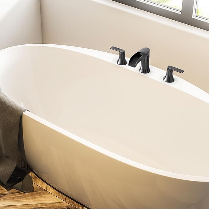Oil Rubbed Bronze Waterfall Tub Faucet 3 Hole, Brass High Flow Roman Bathtub Faucet, Widespread Bathtub Faucets 6-16 Inch 2 Handle Deck Mount