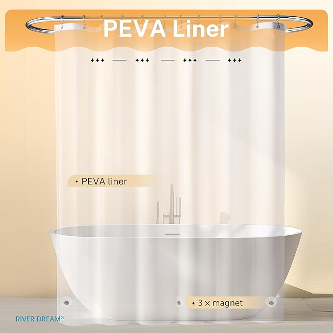 River Dream Stall Waffle 3 in 1 Shower Curtain Set, White Fabric Shower Curtain and Clear Liner Set, with Double Sided Hooks, Waterproof, 36" W*72" H