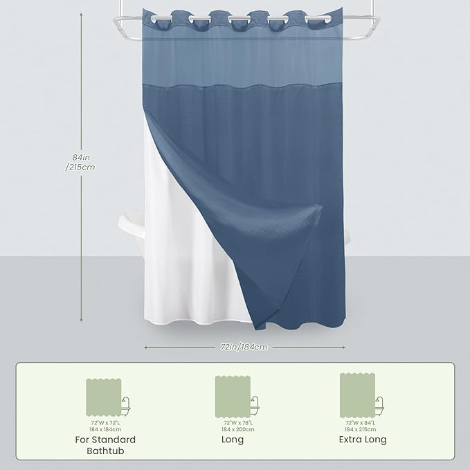 Inhousolu Extra Long No Hook Shower Curtain with Snap in Fabric Liner Set Waffle Weave 230GSM Weighted Hem, Waterproof & Washable Bathroom Curtain Spa with Mesh Top Window 72" W*84" L Moonlight Blue