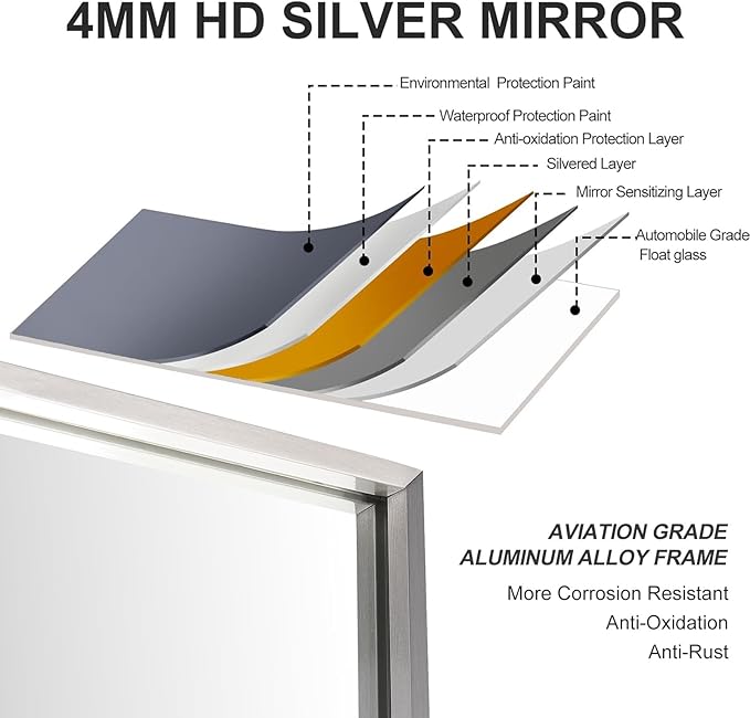 20x36 Inch Silver Bathroom Mirror - Copper-Free Mirror, Aluminum Alloy Frame Vanity Rectangle Wall Mounted Modern Mirror for Bedroom/Living Room/Porch Horizontal or Vertical