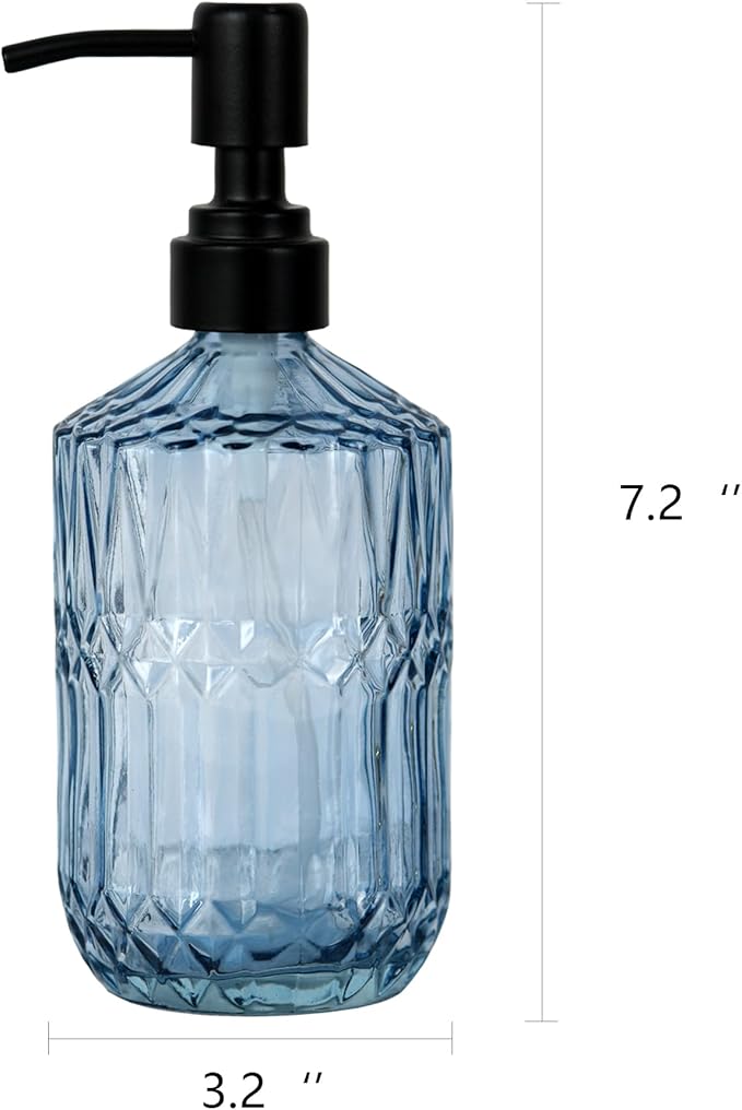 18oz Blue Glass Soap Dispenser, Refillable Kitchen, Bathroom Thick Glass Soap Dispenser with Black Rustproof Pump for Dishwashing Liquid, Hand Soap, Lotion, Body Wash (Blue-Black Pump)