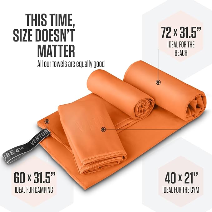 VENTURE 4TH Quick Dry Towel. Microfiber Travel Towel Ideal for Camping, Hiking, Backpacking, Gym. Lightweight & Fast Drying Travel Towels for Body. Compact & Easy to Pack - Orange Extra Large