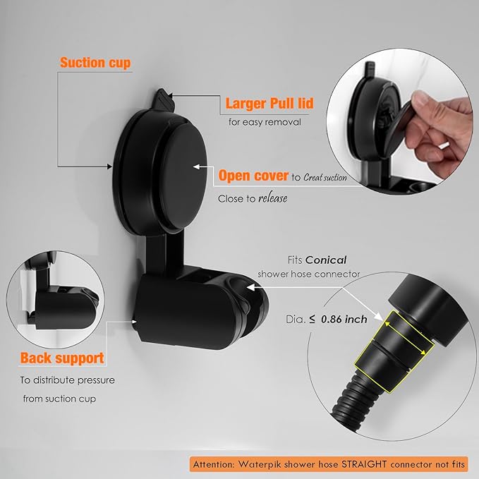 Suction Cup Hand held Shower Head Holder- Reusable - 5 Angles Adjustable - Bathroom Wall Mount Shower Wand Holder - Matte Black