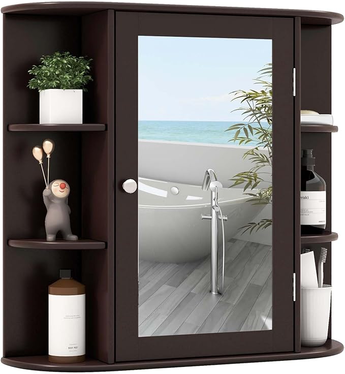 RELAX4LIFE Bathroom Wall Cabinet with Mirror - Medicine Cabinet w/Door, 6 Open Shelves & Adjustable Shelves, Over The Toilet Storage Cabinet Organizer, Mirrored Bathroom Cabinet Wall Mount (Brown)