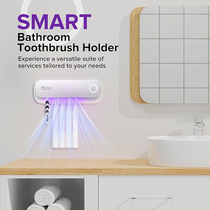 Toothbrush Sanitizer Holder for Bathrooms, 5 Slots Toothbrush Sanitizer and Holder, Rechargeable Cordless Wall Mounted Organizer, Toothbrush Cleaner with Drying Function, No-Drilling