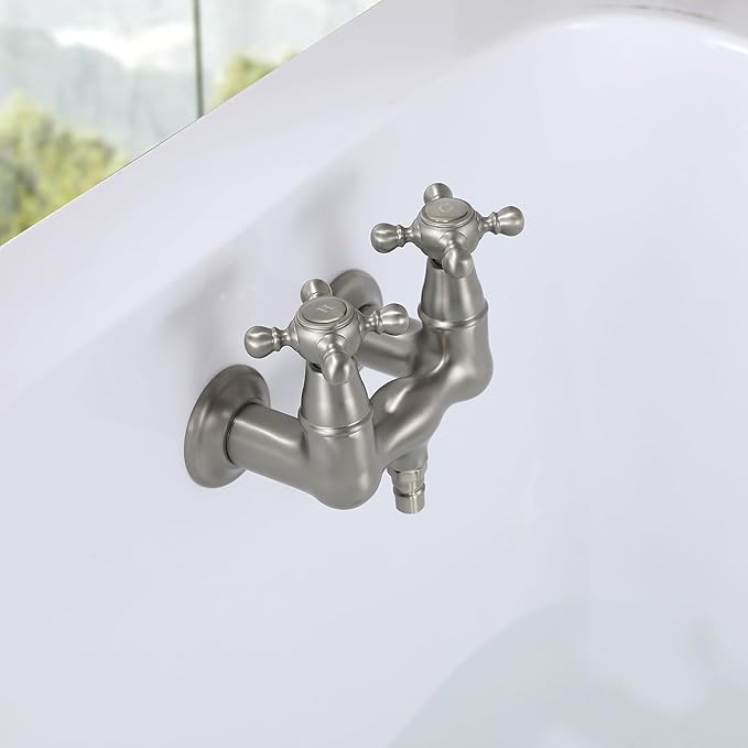 SUMERAIN Vintage Tub Faucet Wall Mount Tub Filler 3-3/8-Inch Center Two Cross Handles Brushed Nickel