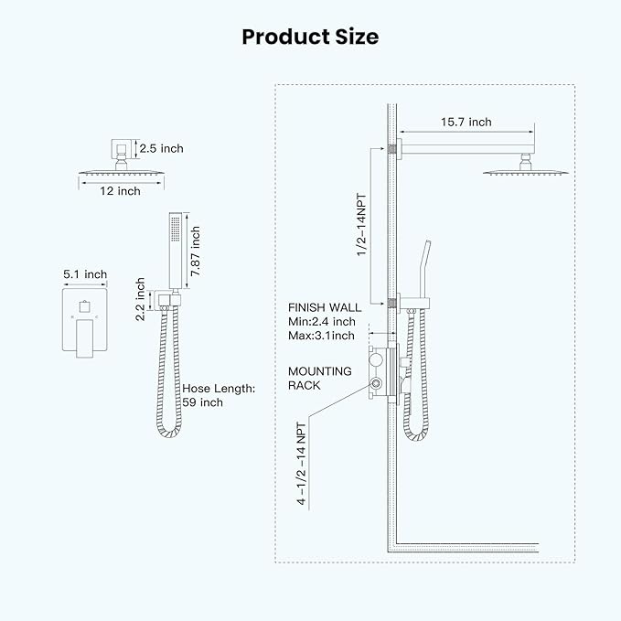 gotonovo Rainfall Bathroom Shower System Rain Shower Head and Handle Set Wall Mounted Shower Complete Combo Solid Brass Pressure Balancing Shower Mixer Valve 12 Inch Brushed Gold