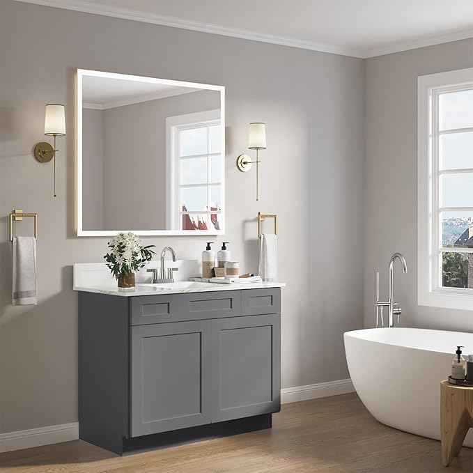 ROOMTEC Bathroom Cabinet, 42'' Free Standing Single Bathroom Vanity with 2 Drawers and 2 Doors,Soft-Close Drawer Slides Morden Bathroom Sink Vanity Storage Cabinet, Shaker Gray