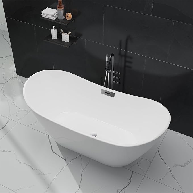 59" Acrylic Soaking Bathtub, Deep Modern Tub with Non-Slip Base, CUPC Certified, Space-Saving Bath with Chrome Drain and Overflow, Easy Install for Small Bathrooms, White