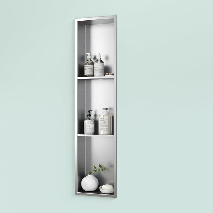 Neodrain 8X36 Inch Brushed Three Layers Stainless Steel Shower Niche, NO Tile Needed Recessed Wall Niche Shelf for Bathroom Storage, 3-Tier Built-in Cabinet niches in Wall