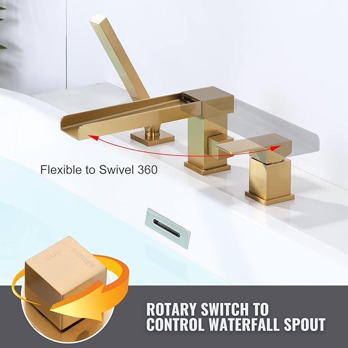 Waterfall Roman Tub Filler Faucet, Deck Mount Bathtub Filler with 360° Swivel Spout, 3 Holes Bathroom Tub Faucet with Sprayer, Brushed Gold