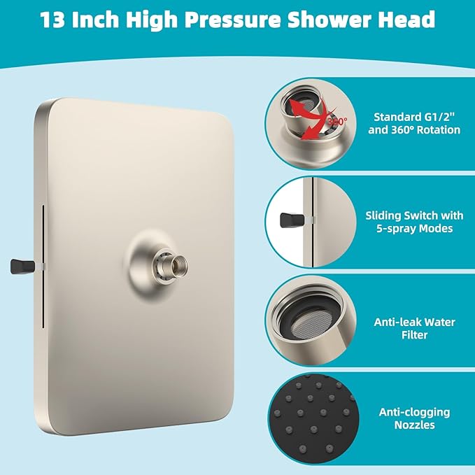 Hibbent 5 Spray Modes Shower Head, 13'' High Pressure Rain Shower Head, Large Rainfall Showerhead, High Flow Waterfall Bathroom Fixed Showerheads, Adjustable Swivel Ball Joint, Brushed Nickel