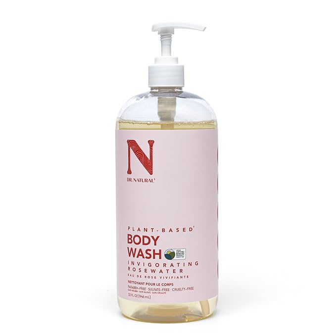 Dr. Natural Invigorating Rosewater Body Wash - Dry Skin Moisturizing Natural Body Wash with Shea Butter and Coconut Oil - For Family and Pets - 32 oz
