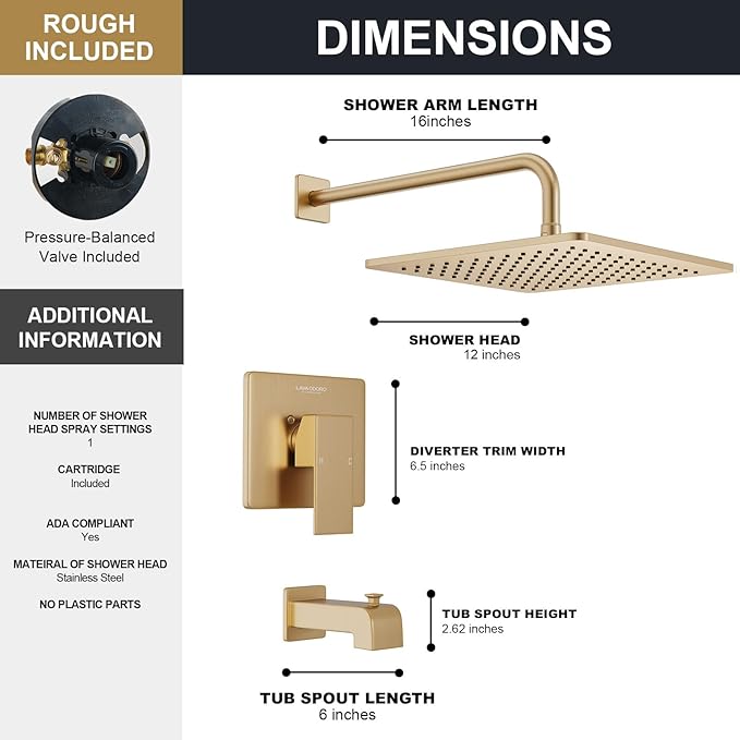 Lava Odoro 12-inch Square Bathtub and Shower Faucet Set Champagne Gold, Shower Trim Kit with Rough-in Valve High Pressure Gold Rainfall Shower Head and Handle Set, (Valve Included), SF106-CB-T