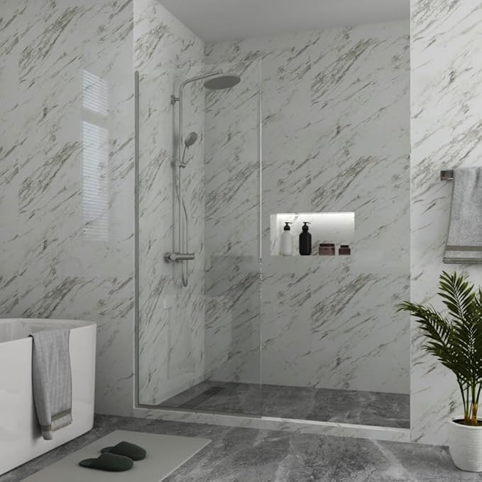 Royalty Fixed Shower Screen - 30" x 76" Frameless 3/8" Clear Tempered Glass Panel with Hardware - Easy Clean Smart Guard Coating - Minimalist Modern Design for Bathroom - Brushed Nickel