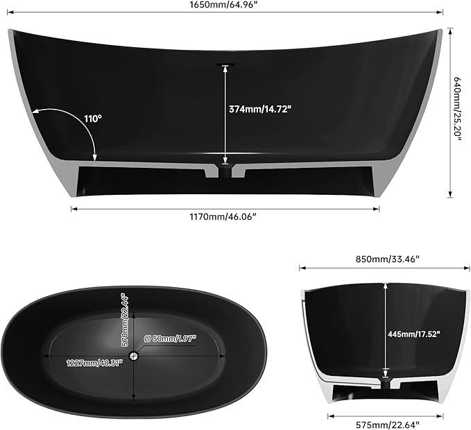65" Premium Solid Surface Freestanding Bathtub, Upgraded Modern Design Stand Alone Tub with Overflow and Pop-up Drain, Matte Black