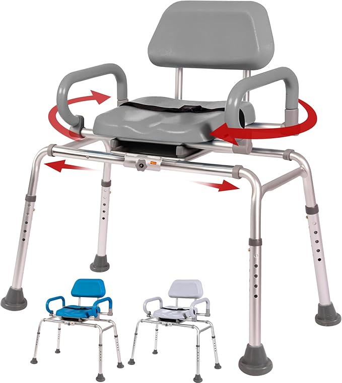Carousel Sliding Shower Chair Transfer Bench with Swivel Seat, Premium Padded Bath, with Pivoting Arms, Adjustable Space Saving Design for Tubs, Shower, for Handicap & Seniors, Gray