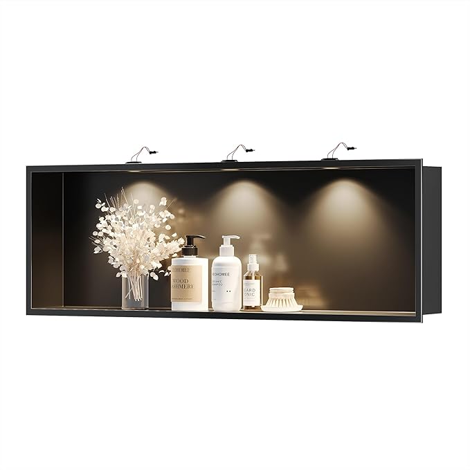 Neodrain Wall Niche with Non-dim LED Downlight - Matte Black Stainless Niche No Tile Needed 36x12 inch Shower Storage Niche