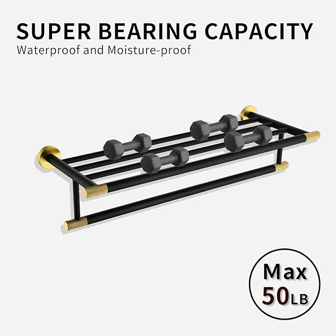 Black Brushed Gold Towel Rack 24'' Bath Towel Shelf with Towel Bars SUS304 Matte Black Stainless Steel Wall Mounted，Modern Bathroom Storage Shelf
