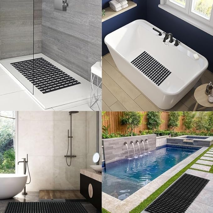 Bath Mat Non Slip Shower Mat Bathtub with Drain Holes and Heavy Duty Rubber No Suction Cups Sturdy Shower Stall Tub Mat for Bathroom, Shower Floor, Pool, SPA, (Black, 2FT X 12FT)