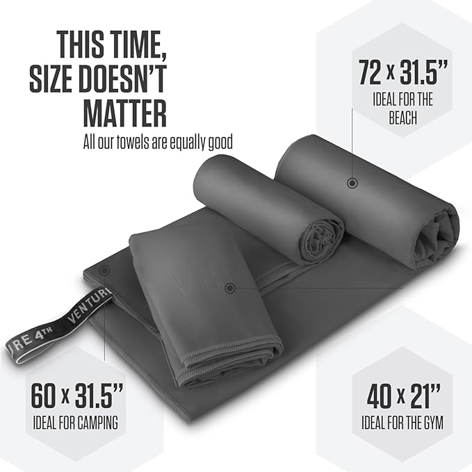 VENTURE 4TH Quick Dry Towel. Microfiber Travel Towel Ideal for Camping, Hiking, Backpacking, Gym. Lightweight & Fast Drying Travel Towels for Body. Compact & Easy to Pack - Charcoal Large