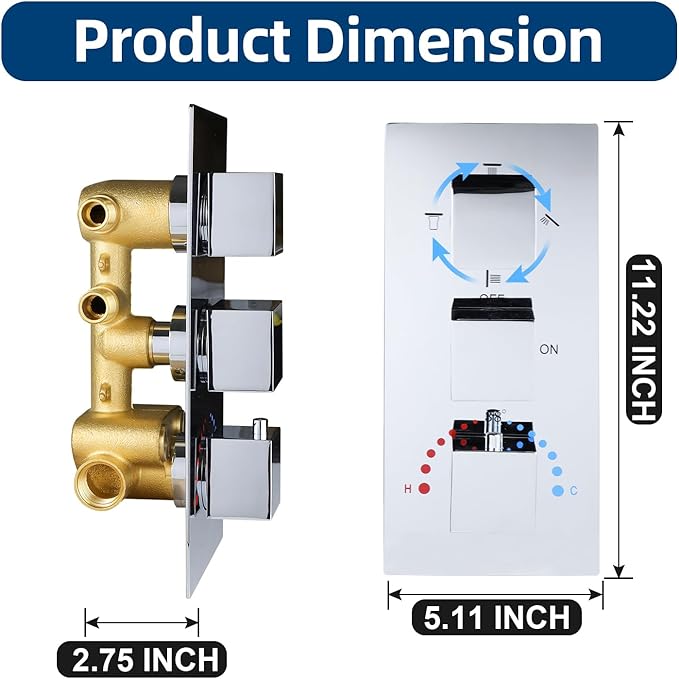 HOMEDEC Brass 4 Ways Shower Diverter Valve, Thermostatic 4 Outlets 3 Handles Control Shower Mixing Valve Trim Kit Replacement, Rough In, Chrome