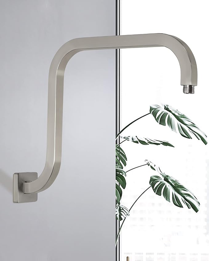 PHASAT S Shaped Square Shower Arm with Flange,High Rise Shower Head Extension Arm Brushed Nickel,PU9L03