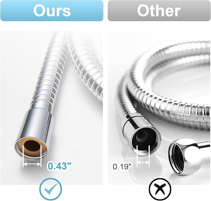 OFFO Shower Hose High Flow 0.43” Large Bore, Kink Free Stainless Steel Shower Head Hose Replacement Universal G1/2”, Leak-proof Extra Long Flex Handheld for Pet Bathing Cleaning, 60 in Chrome