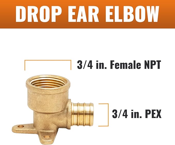 SUNGATOR 6-Pack 3/4" Pex Drop Ear Elbow, No Lead Brass, 3/4 Inch Pex Fittings