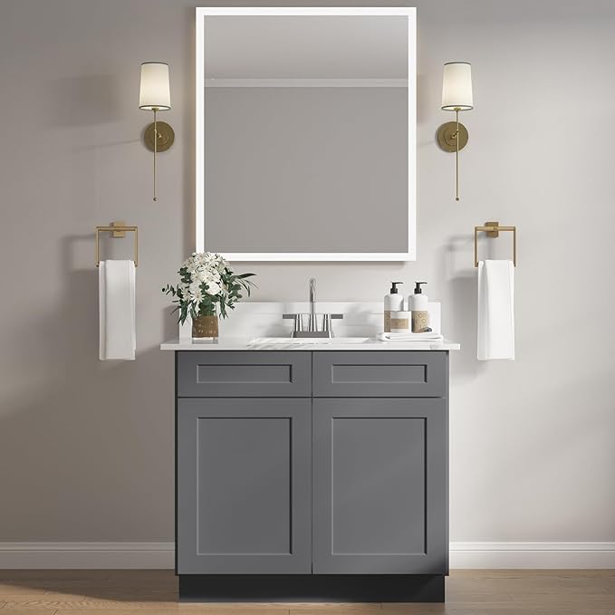 ROOMTEC Bathroom Cabinet, 30'' Free Standing Single Bathroom Vanity with 2 False Drawers and 2 Doors,Morden Bathroom Sink Vanity Storage Cabinet, Shaker Gray