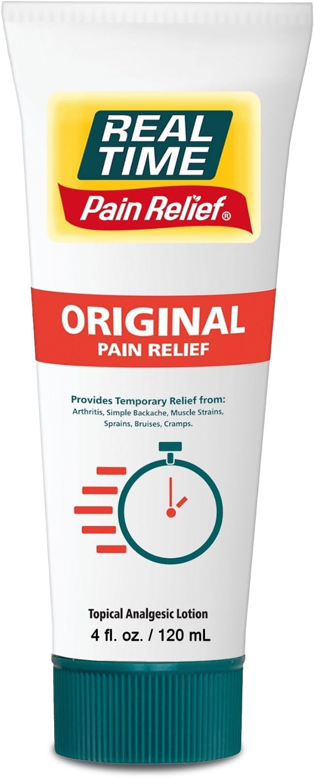 Real Time Pain Relief Cream 4oz Tube | 17 Natural Ingredients: 1.25% Menthol, Arnica & MSM | Muscle Strain & Joint Discomfort Relief for Arthritis, Cramps, Sprains, Bruises, Hands, Back & Knee Pain