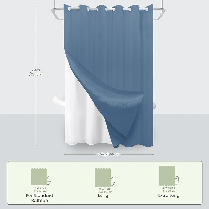Inhousolu No Hook Waffle Weave Shower Curtain with Removable Snap in Fabric Liner Set for Bathroom, 230GSM Heavy Duty Weighted Hem, Water Repellent Washable Bath Curtains, 72 x 84 Inch, Moonlight Blue