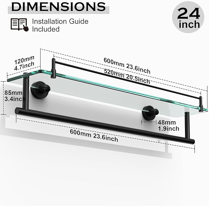 Towel Rack with Tempered Glass Shelf for Bathroom 24 Inch, Matte Black Towel Holder Wall Mount Storage Rustproof SUS304 Stainless Steel Towel Hanger