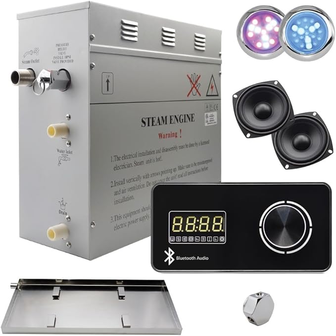 Superior Encore Plus 6 kW Steam Shower Generator Kit with Horizontal Black Keypad, Bluetooth Audio, Drip Pan & Color Lights |Self-Draining Steam Bath Generator |One-click Connection Cord