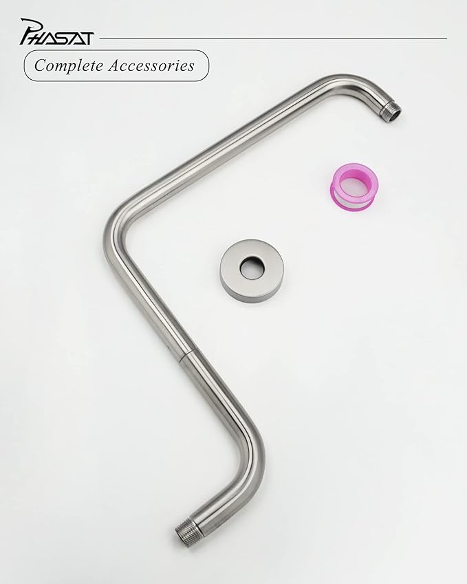 PHASAT S Shaped Shower Arm,Shower Arm Extension Brushed Nickel,High Rise Shower Arm with Flange,Shower Head Extension Arm,PU9L01-M