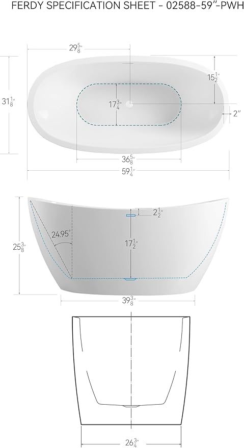 FerdY Naha 59" Acrylic Freestanding Bathtub, Curve Edge Freestanding Soaking Bathtub, Glossy White, cUPC Certified, Polished White Drain & Minimalist Linear Design Overflow Included