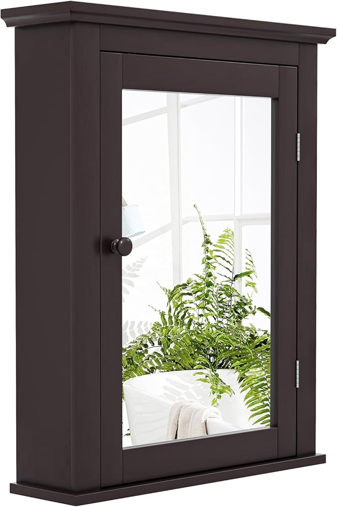 Safeplus Brown Medicine Cabinet with Mirror, Wall Mounted Adjustable Storage for Bathroom, Living Room, Bedroom, Entryway and Kitchen