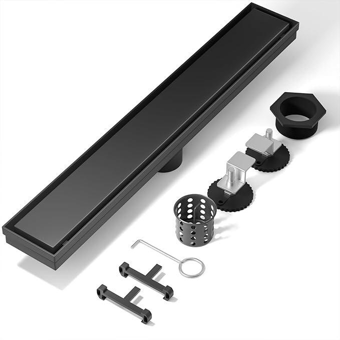 Linear Shower Drain, 304 Stainless Steel with Adjustable Leveling Feet, Hair Strainer,Reversely Install Place to Create an Invisible Floor Drain - Black -16-Inch