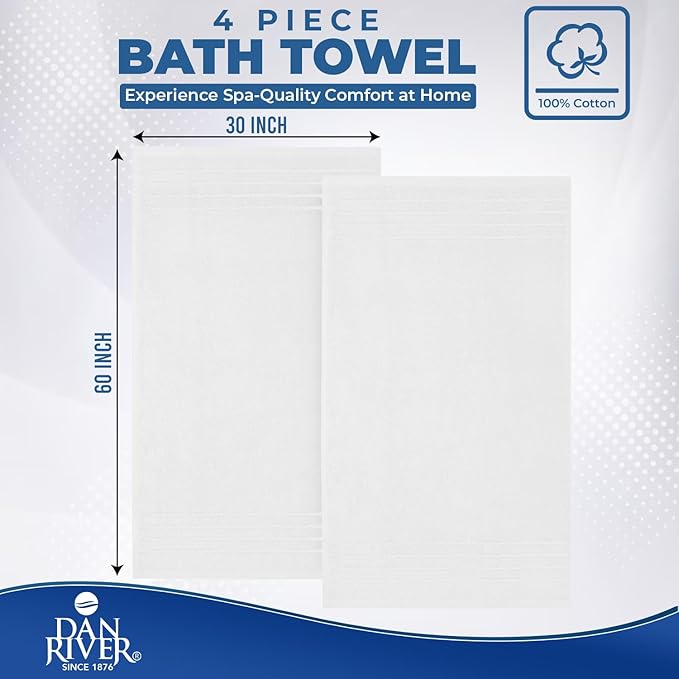 DAN River Extra Large Bath Towels Set of 4, 30 x 60 Inches - 100% Cotton Larger & Lighter Weight Towels for Bathroom - Quicker to Dry, Super Soft & Highly Absorbent Towels for Home, White