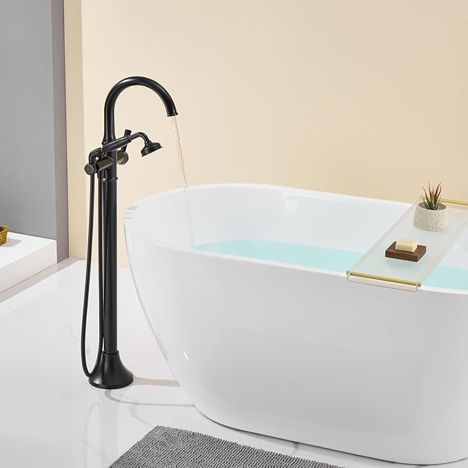 Freestanding Bathtub Faucet Black Free Standing Tub Filler Brass Bathtub Faucets Floor Mounted Bathroom Tub Faucet with Hand Shower