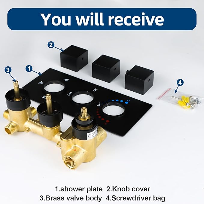 HOMEDEC Brass 3 Way Shower Diverter Valve, Thermostatic 3 Handle Control Shower Mixing Valve Trim Kit Replacement, Rough In, Black