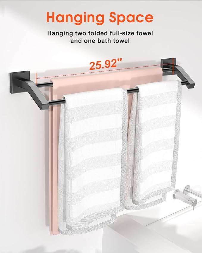 Alise Double Bath Towel Bars Towel Racks for Bathroom,Wall Mount Towel Holder Heavy Duty SUS304 Stainless Steel Towel Hanger Rail,Matte Black,28-Inch