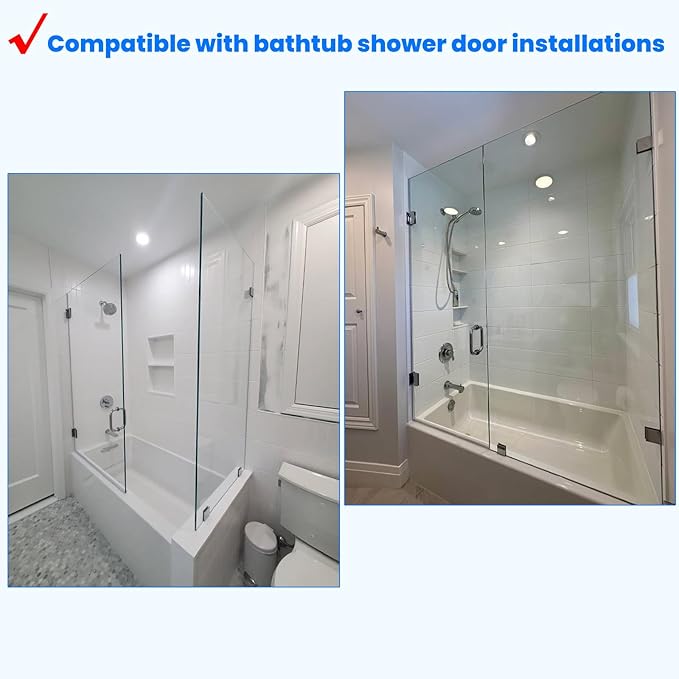 Shower Door Hardware Kit for Frameless Inline Hinged Doors, Includes Hinges, Square Pull Handles and Clamps, for 5/16"–3/8" Glass, Suitable for Bathtub or Standing Shower Setup, Matte Black