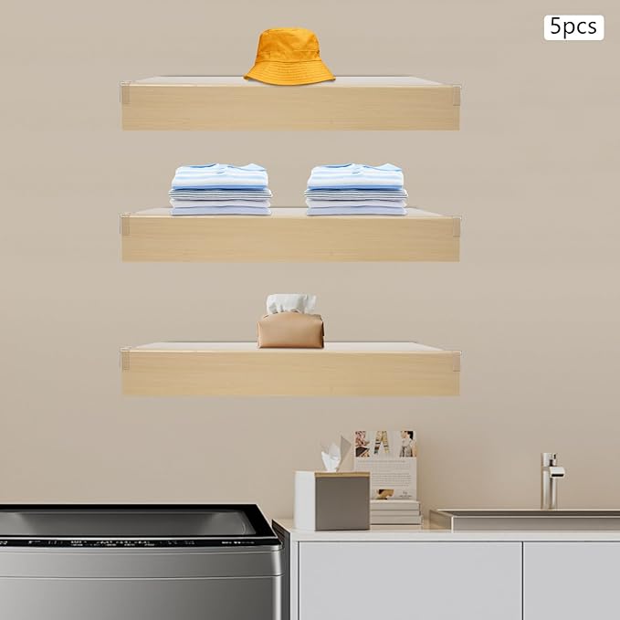 33 Inch Floating Shelves for Wall, 16 Inch Deep Hanging Shelf, Large Display & Storage Shelf for Bathroom, Bedroom, Living Room, Set of 5 (Light Wood Color, 24 Inch)