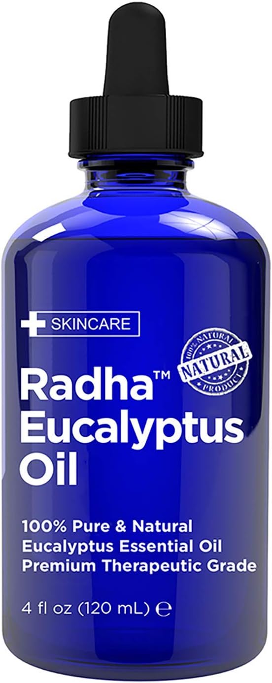 Radha Beauty Eucalyptus Essential Oil 4 oz - 100% Pure & Therapeutic Grade, Steam Distilled for Aromatherapy, Relaxation, Shower, Sauna, Bath, Steam Room and Other DIY Projects.
