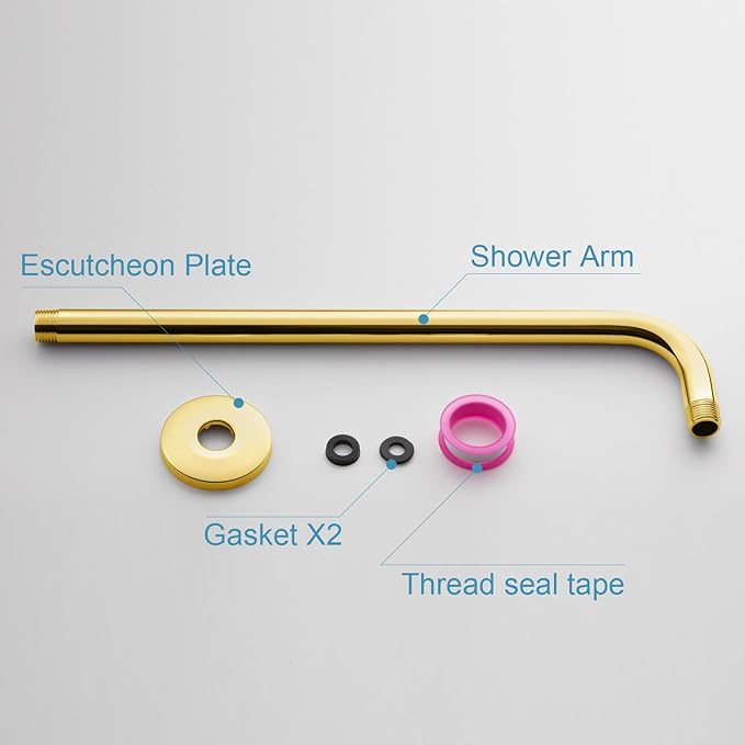 OFFO Shower Arm with Flange, 16 in Bright Gold Wall Mount Replacement Angle Shower Head Arm Wall-Mounted For Fixed Shower Head & Handheld Showerhead